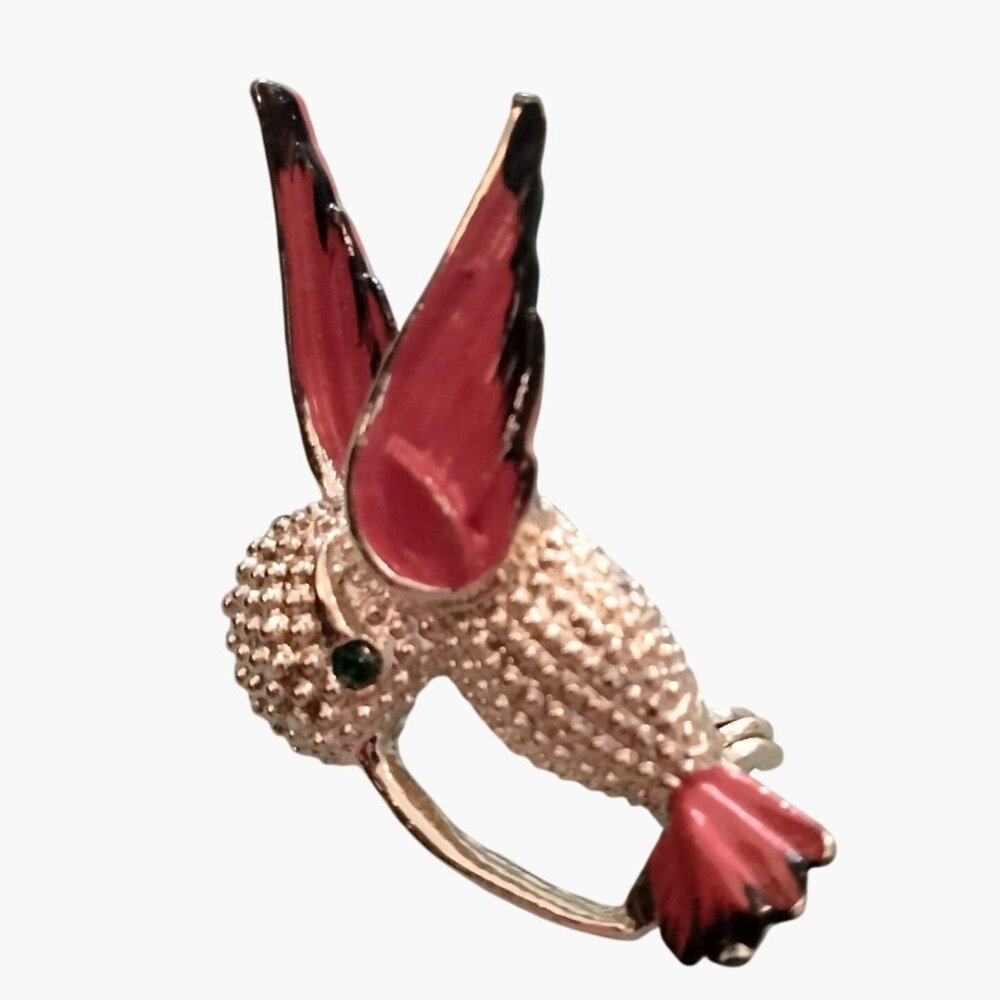 Vintage Hummingbird Brooch Red Enamel Wings Textured Metal Design